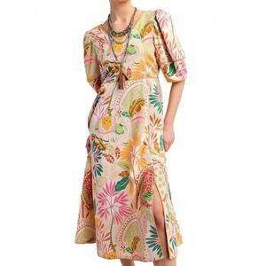 NEW GIGIO contrast binding printed midi dress in beige